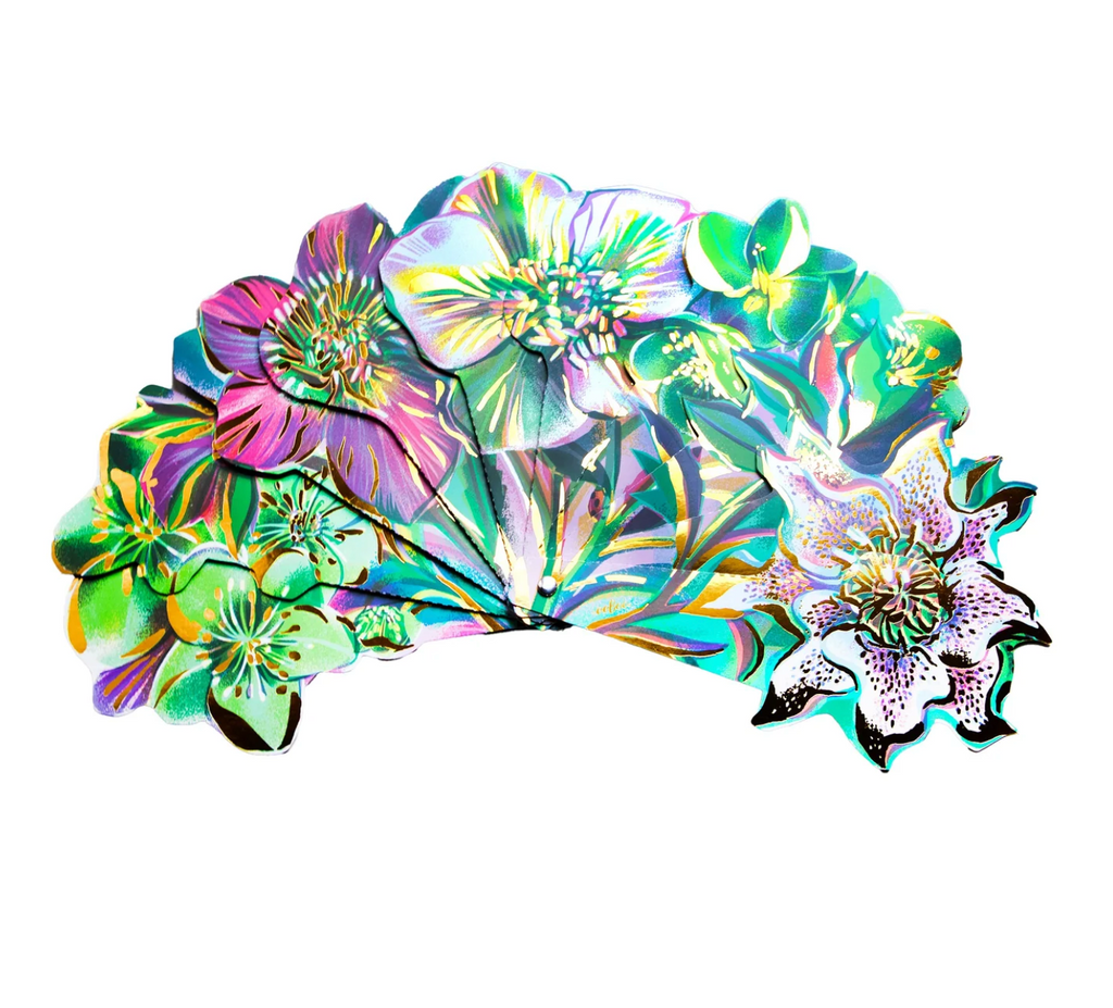 The Flowers paper fan fully opened to show the colorful flowers in purples, greens, whites and gold.