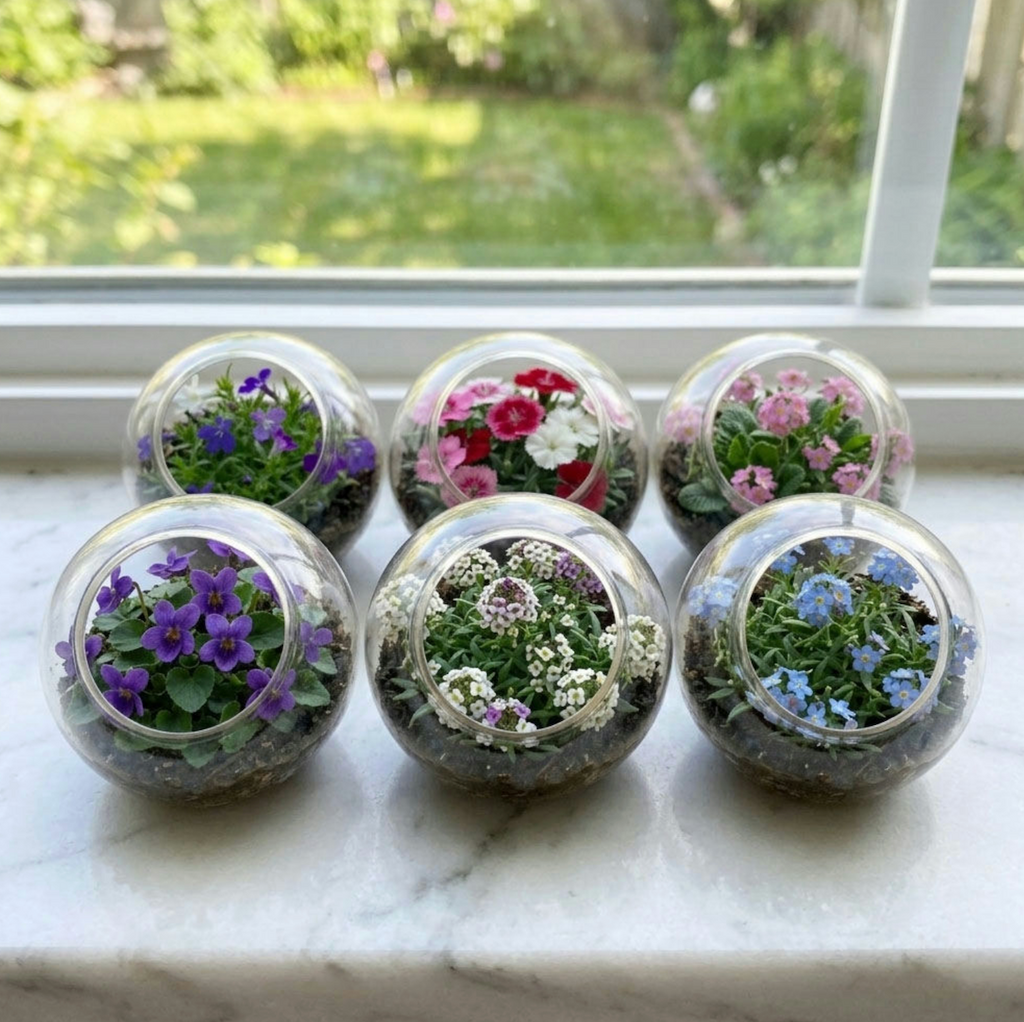 All six available varieties of the Flowers Tiny Terrariums including Fabulous Forget-Me-Not, Perfect Pinks, Vivacious Violets, Sweet Alyssum, Lovely Lobelia, and Pretty Primrose planted in their 1 inch. glass terrariums and placed on a sunny windowsill. 