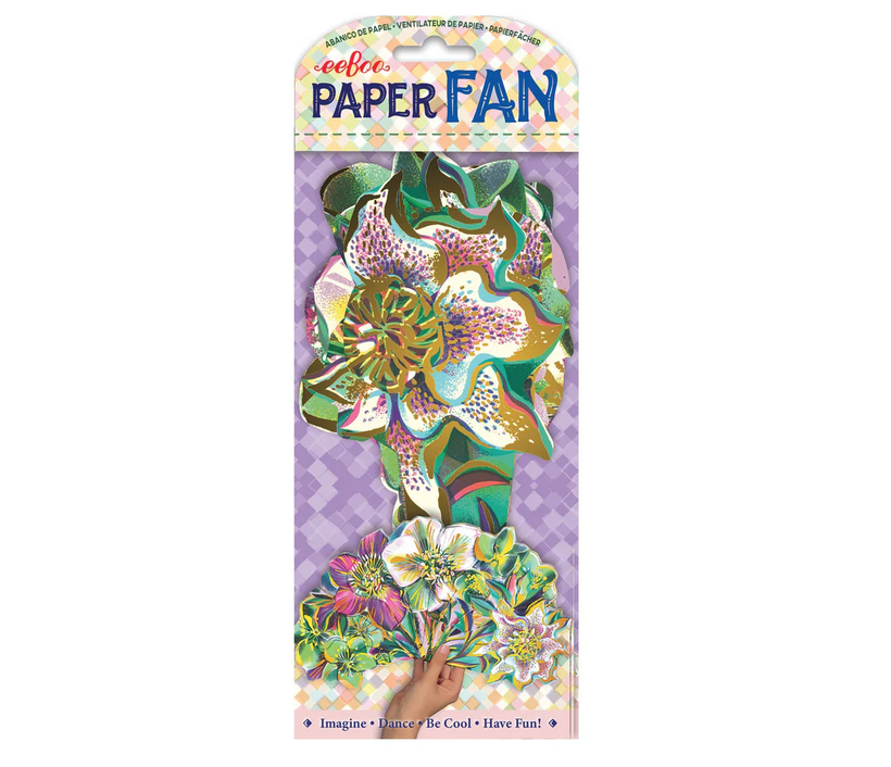 Flowers Paper Fan closed and in a clear plastic package.