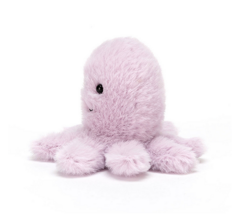 Fluffy Octopus stuffed animal with lavender fur viewed from the side. 