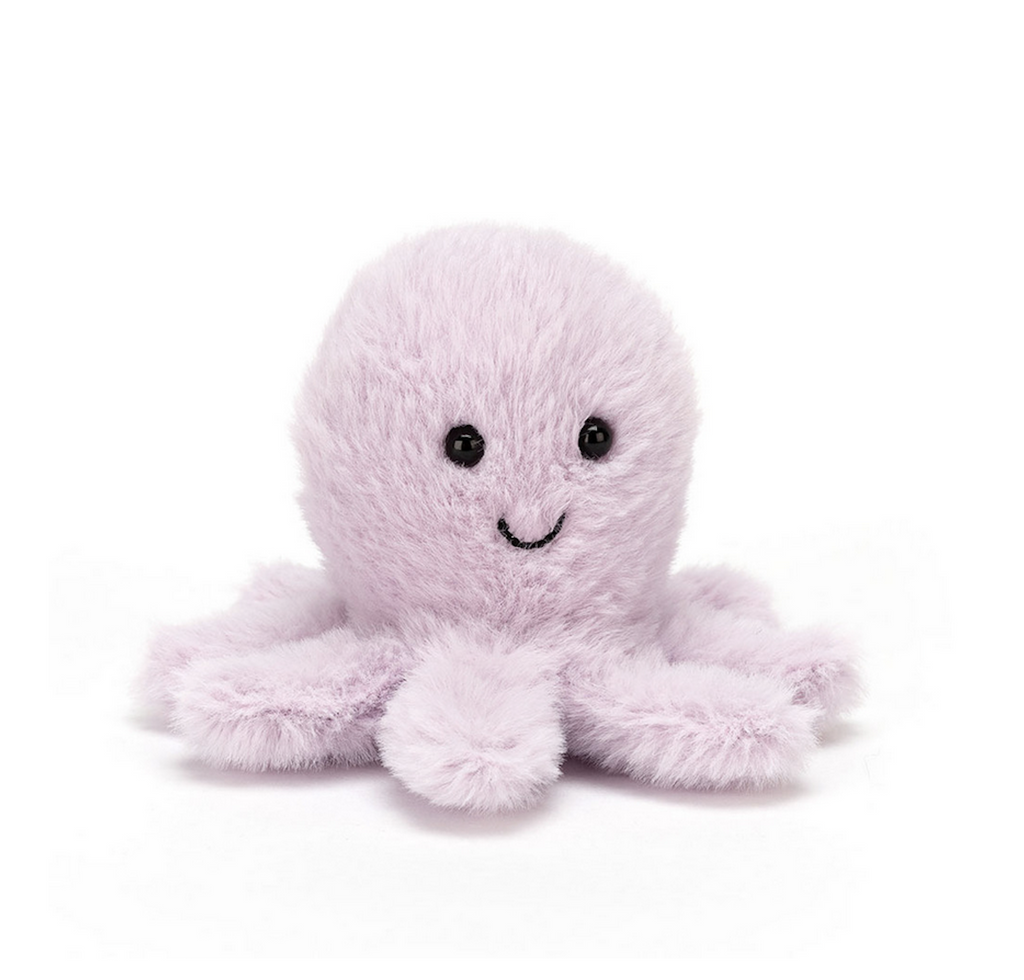 Little, lavender plush octopus sized to fit in the palm of your hand. 