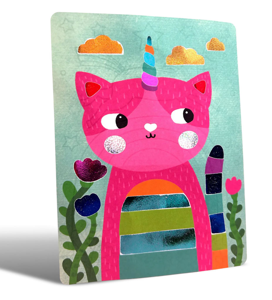 A page from the Foil Tastic Foil Art and Coloring Whimsical World set of a Cat with a unicorn horn and bright foil accents. 