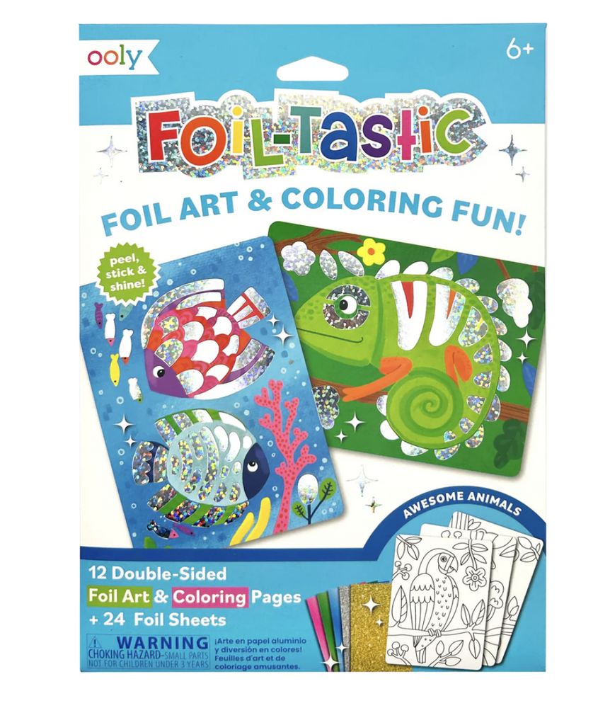 The Foil Tastic Foil Art Coloring Set Awesome Animals package with examples of the foil stickers and coloring pages that come in the set. 