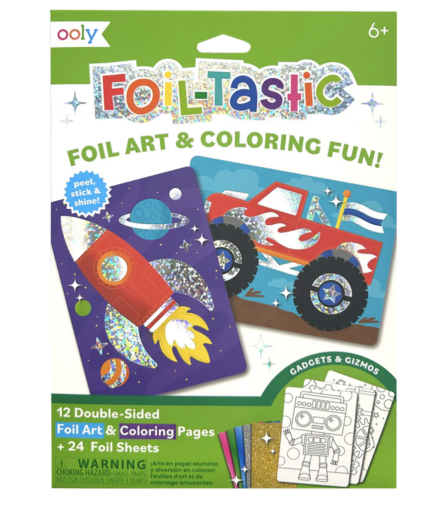 Foil Tastic Foil Art and Coloring package with an example of pages to be colored and foil added to of a monster truck and a space ship. 