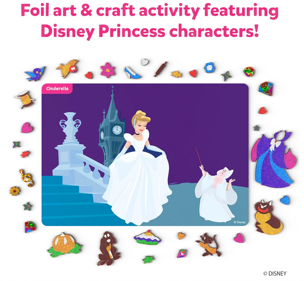 Foil art & craft activity set with Disney Princess characters, including Cinderella and her fairy godmother. Showing the base and Cinderella themed stickers that can be added to the foil art picture. 