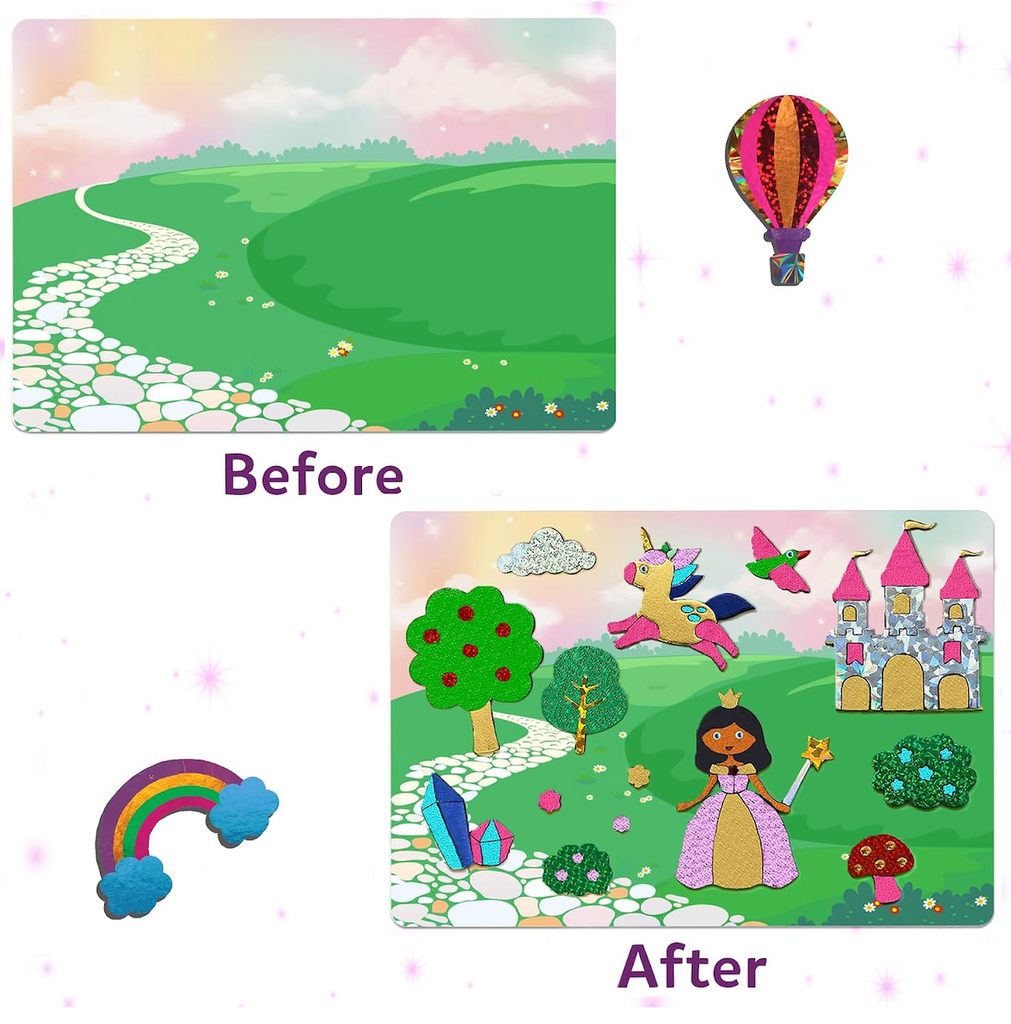 A before and after of a picture canvas that is included in the Unicorns and Princesses Foil Fun kit. 