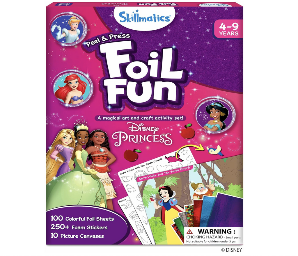Peel and Press Foil Fun Disney Princess kit packaged in a pink an purple box with many of the Disney Princesses pictured on the front of the box.