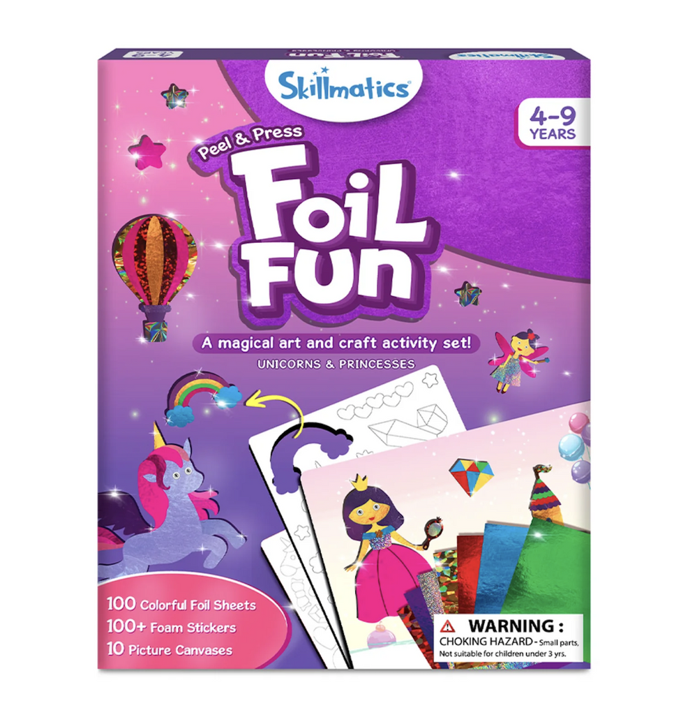 Purple box of Skillmatics Peel and Press Foil Fun Unicorns and Princesses. With pictures of the colorful foil sheets, foam stickers and the picture canvasses that are included in the set. 