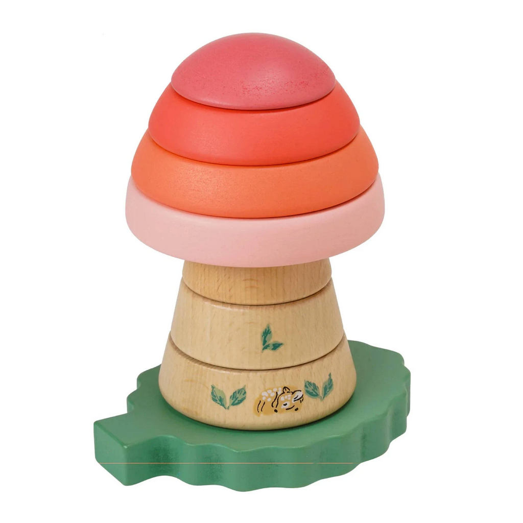 Folklore Fun-Gi wooden stacker has eight wooden pieces with magnetic centers. With a monochromatic red cap, paired with a natural wood stem and a light green leaf base this classic baby toy has a nostalgic look.