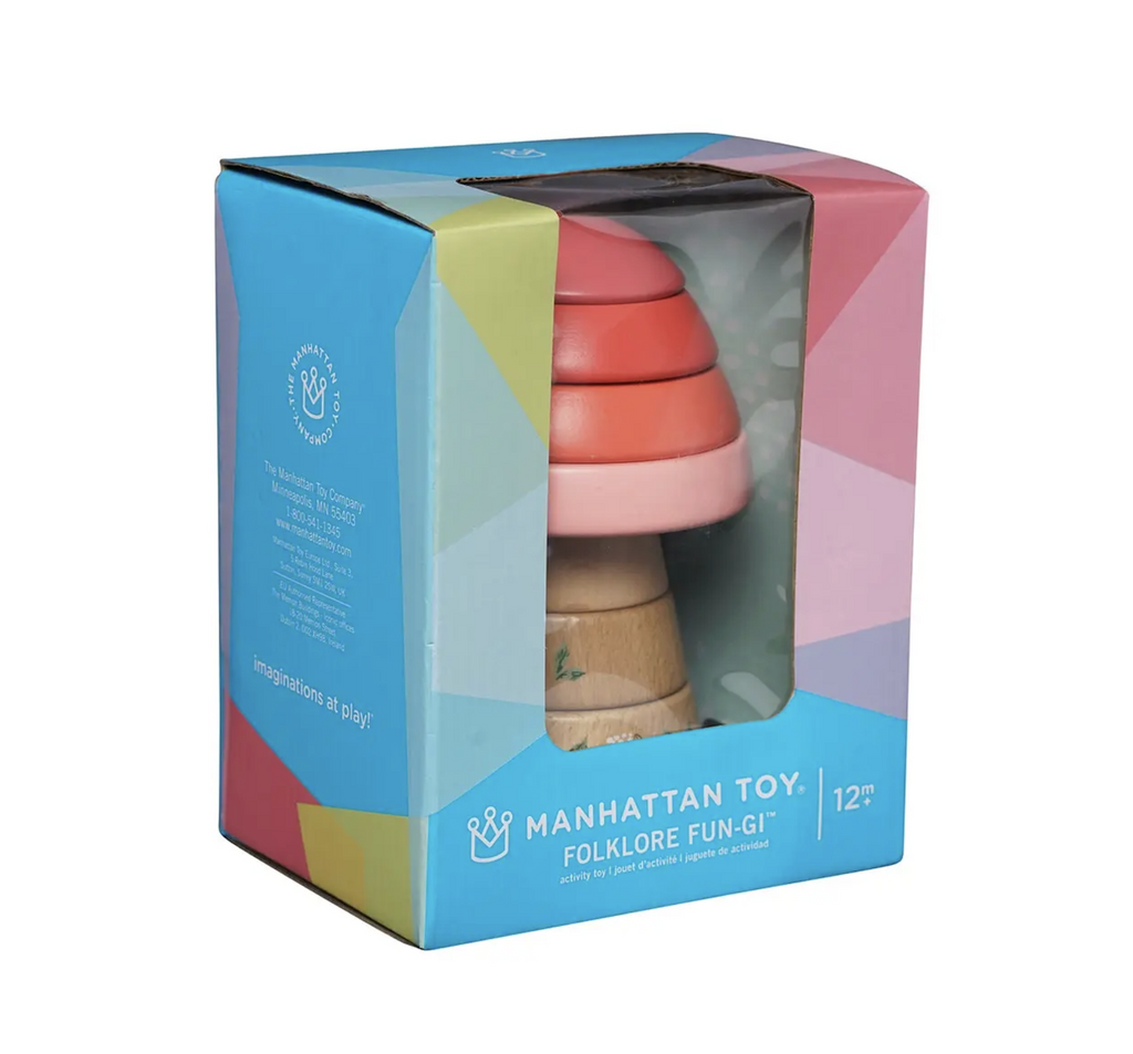 The Folklore Fun-Gi wooden stacking toy packaged in a colorful box with a clear window on the front of the box. 