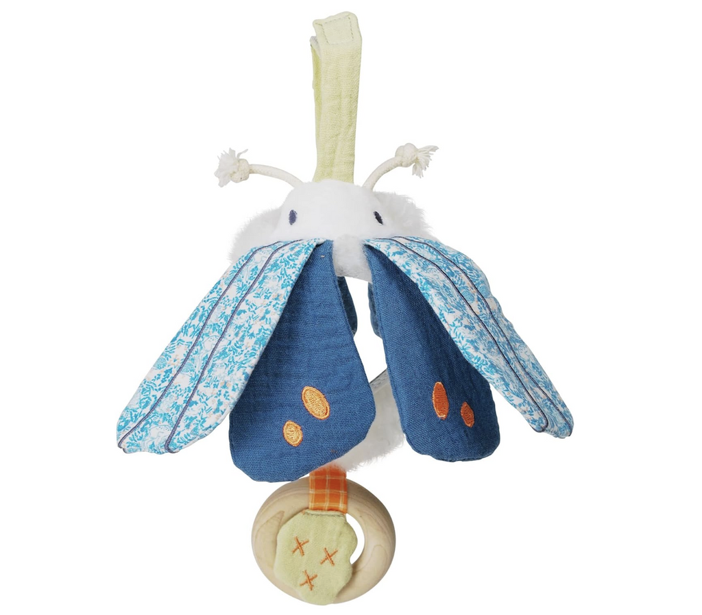 Luna Moth soft hanging toy with a fabric hanger, plush moth with multi patterned wings, a baby safe mirror, and a wooden teething ring. 