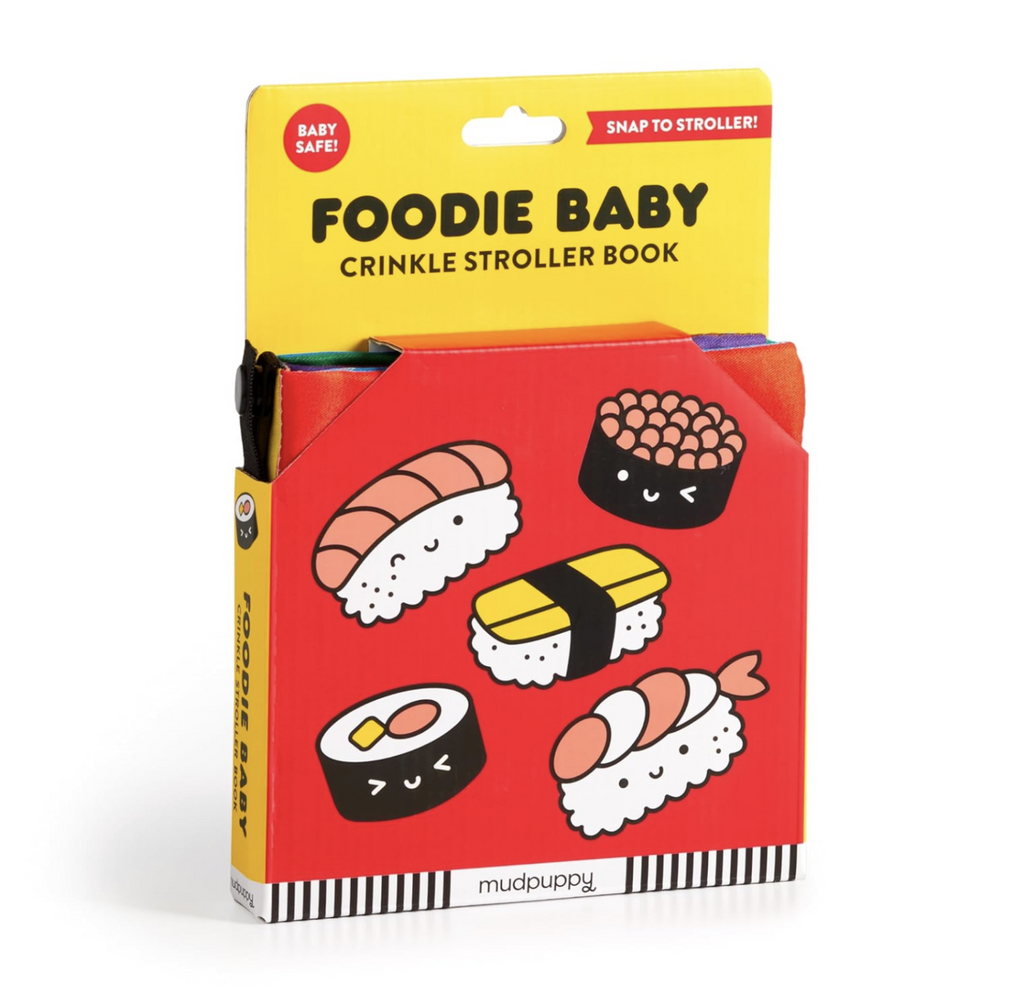 Foodie Baby Crinkle Stroller Book packaged in a box with illustrations on the cover. 