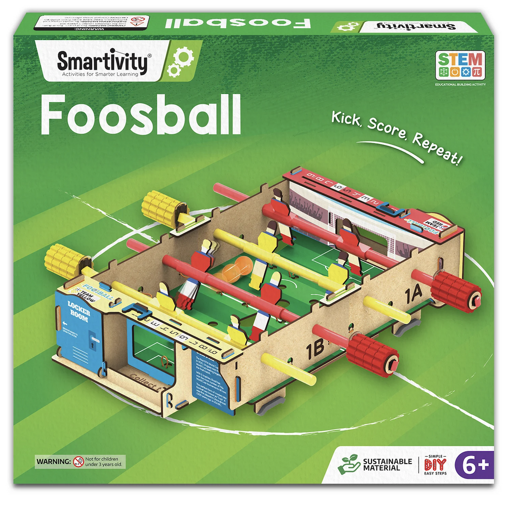 Bright green box with a picture of the Foosball board built from sustainable materials and in working condition, with colored knobs to turn to shoot and score your goal. 