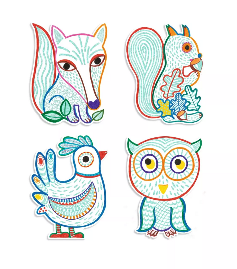 Examples of animals included in the Forest Friends Coloring Set. 