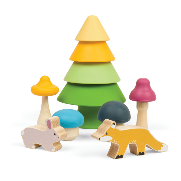 Forest Friends set, featuring four mushrooms, a colourful stacking tree, wooden bunny and fox.