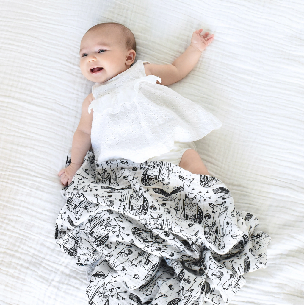 Baby lying on a white blanket with the Forests Swaddle printed with a black and white animal pattern. 