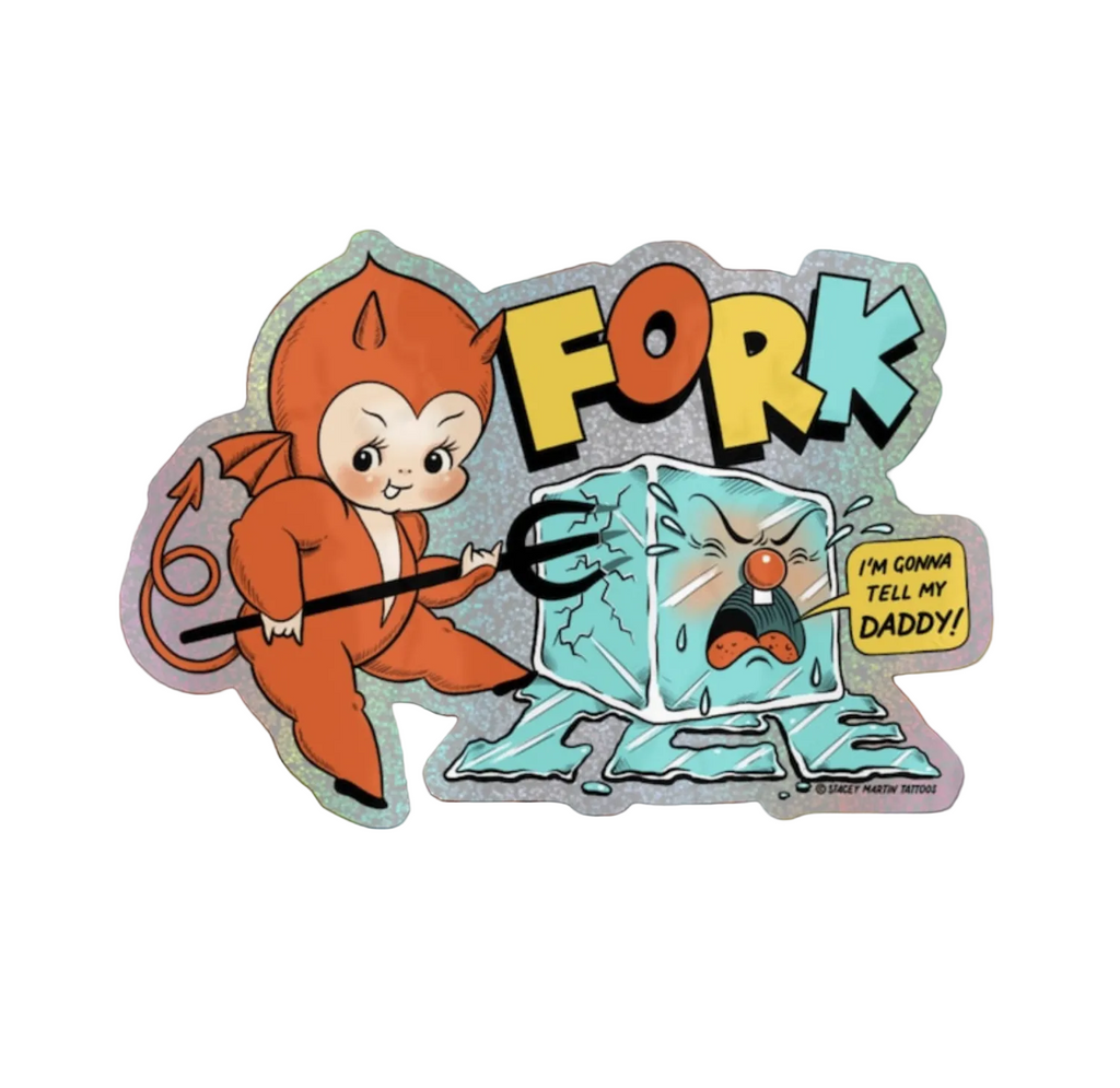 Kewpie in a red devil suit holding a pitchfork that is inside a crying ice cube with text I'm gonna tell my daddy on a glittery vinyl sticker.