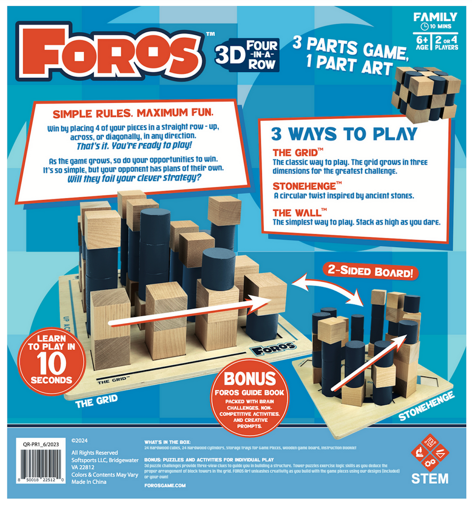 Back ide of teh Foros game box with an explanation of how the gae is played and suggestions of other ways to play. 