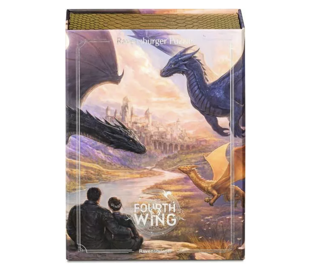 Illustrated cover of the Fourth Wing 500 piece puzzle with dragons flying over a river that leads to a distant kingdom. 