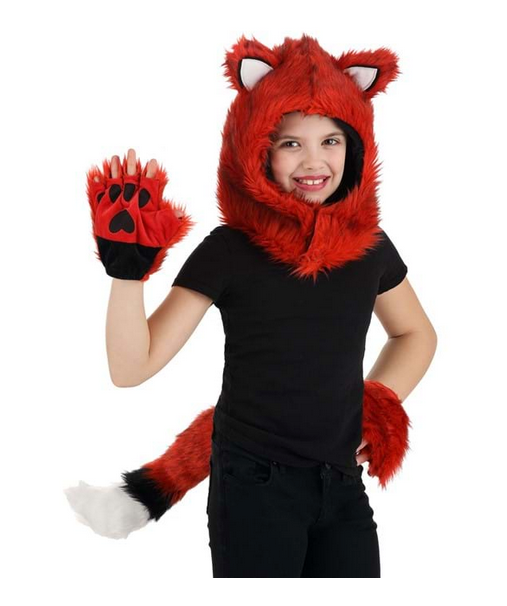 Fox Hood, Hands & Tail Kit. The hood covers your entire head, leaving your face exposed. Soft-sculpted ears are sewn to the top of the hood and mitts made from velour fabric. The stuffed tail comes with a fabric strap and hook and loop fastener. Each piece is a dark red orange color. Shown here being worn by a child. 