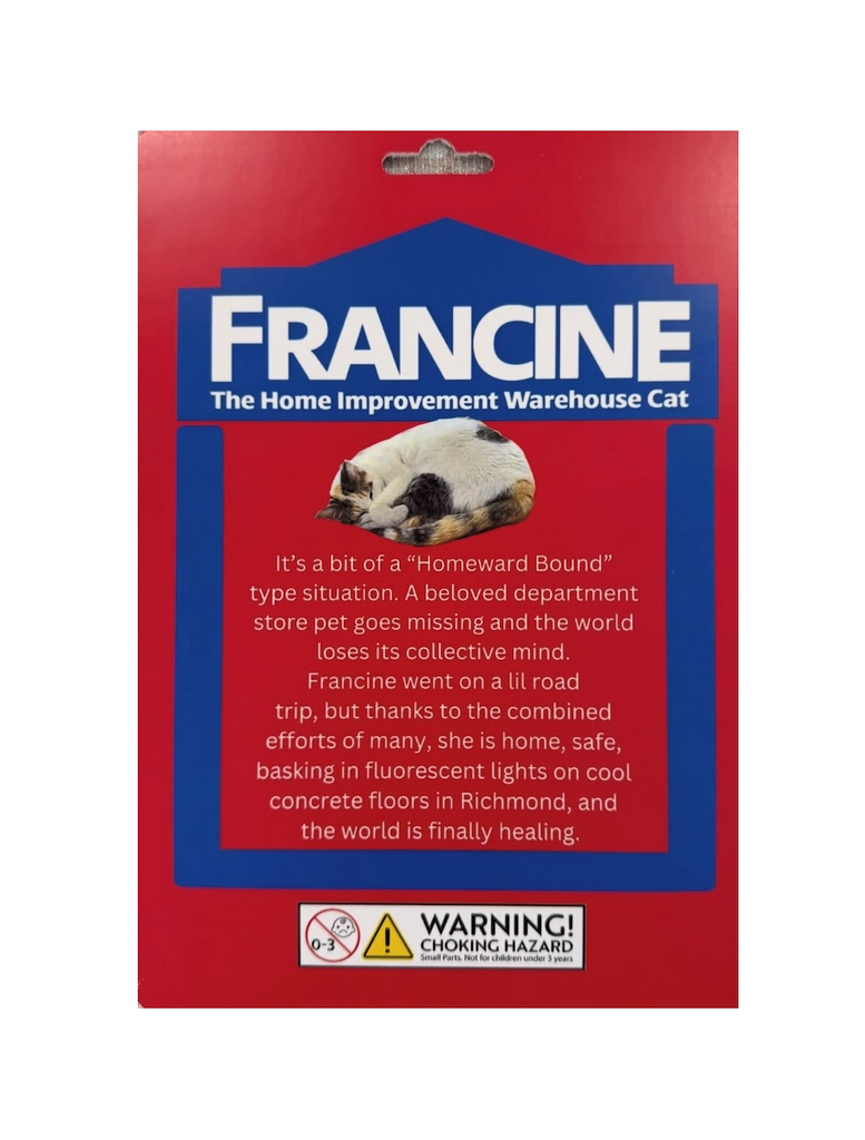 Back of the Francine the Lowe's Cat action figure packaging. Featuring a picture of Francine curled up and napping and her story that captivated the nation, or at least RVA. 