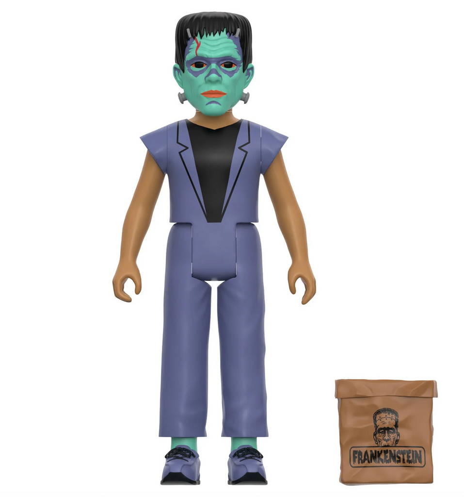 Close up view of the Frankenstein Halloween Kids figure with brown paper sack treat bag accessory. 