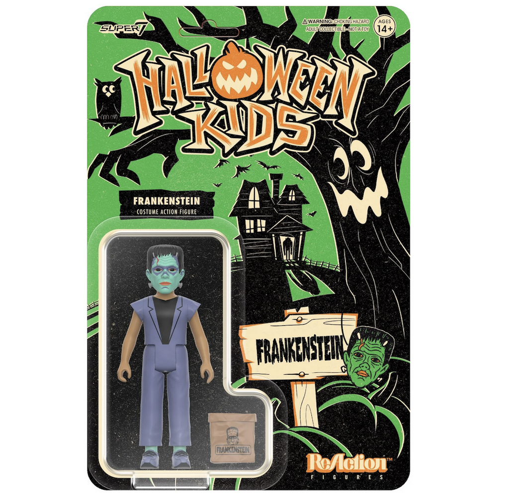 Halloween Kids Frankenstein figure by Reaction packaged on an illustrated backing card with vintage Halloween graphics. 