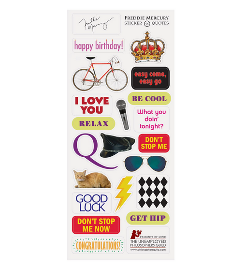 Sticker sheet included in Freddie Mercury quotable notable card. 