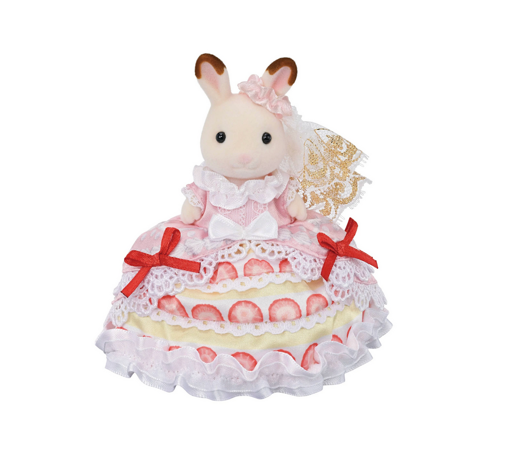 Chocolate Rabbit Freya figure wearing a very special Strawberry Cake dress with layers of ruffles with strawberries and a pink overlay that is decorated with lace and red ribbons. 