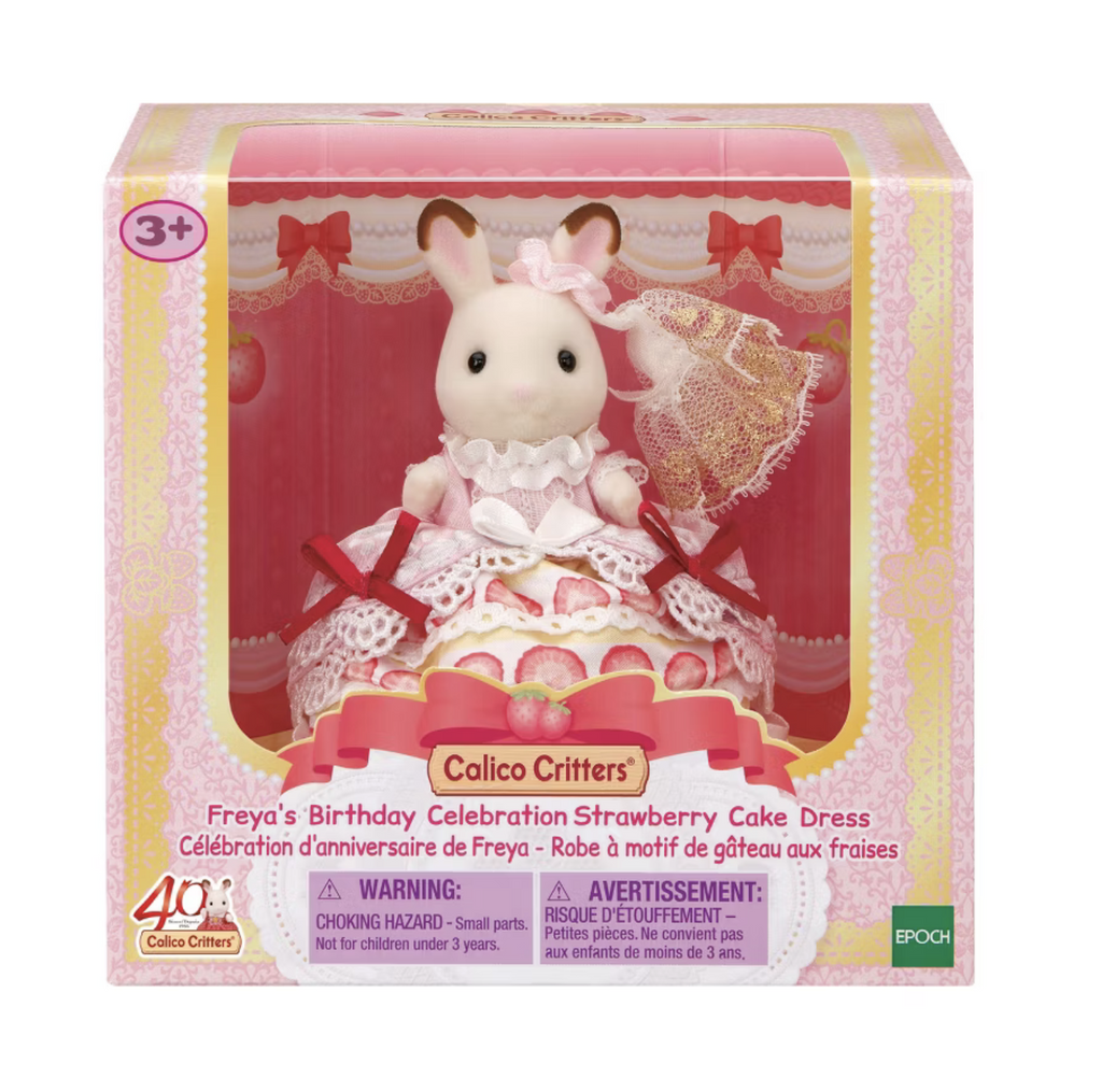 Freya the Chocolate Rabbit Girl wearing a special Strawberry Cake Dress packaged in a box with a window. 