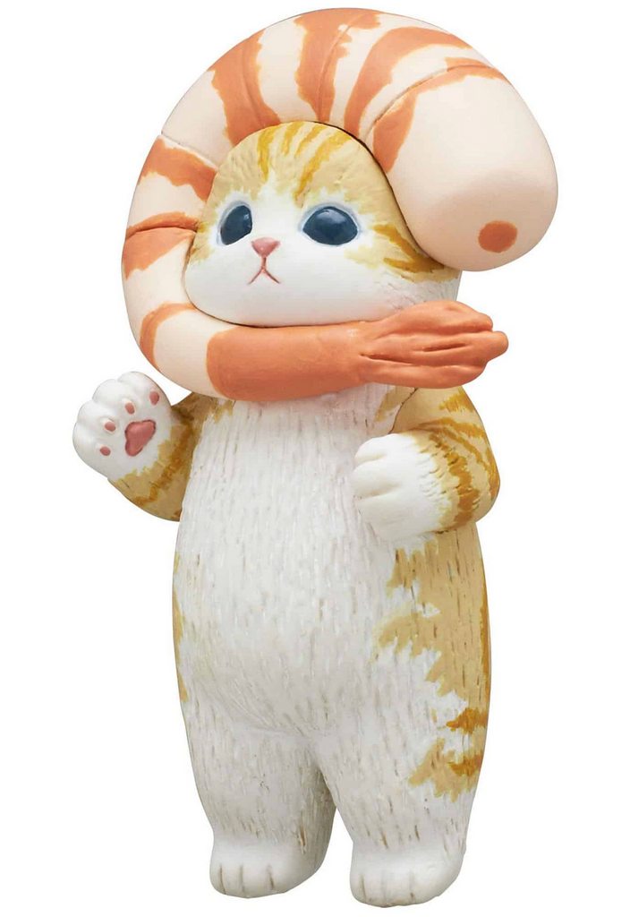 Mofusand cat with a shrimp around its head collectible vinyl figure.