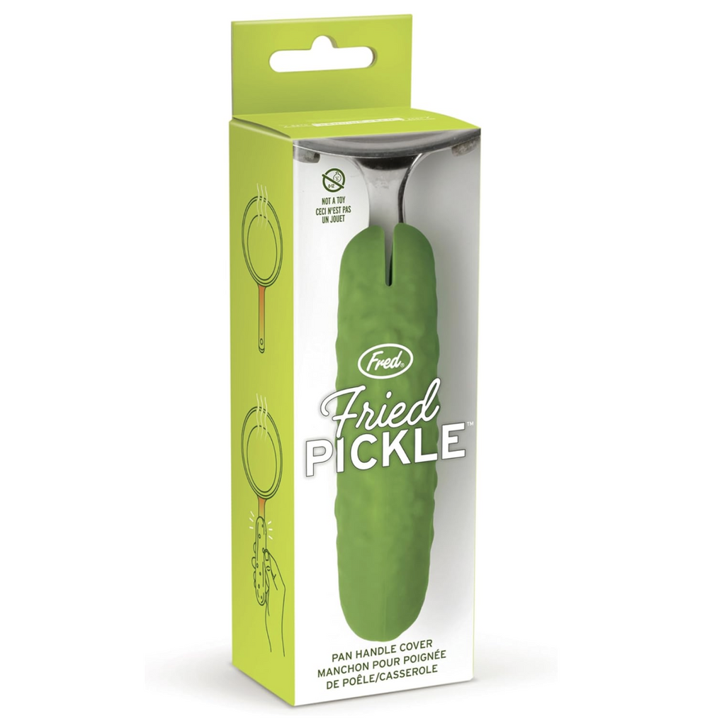 Fried pickle Pan Handle cover that looks like a pickle. 