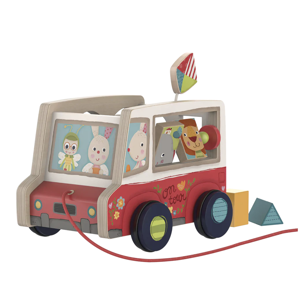 CLose up image of the Friends on Tour Pull Along Toy with wooden animals and blocks. 