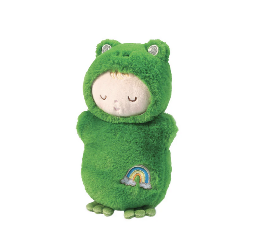 Little plush, soft baby doll dressed as frog with webbed feet and hood. 