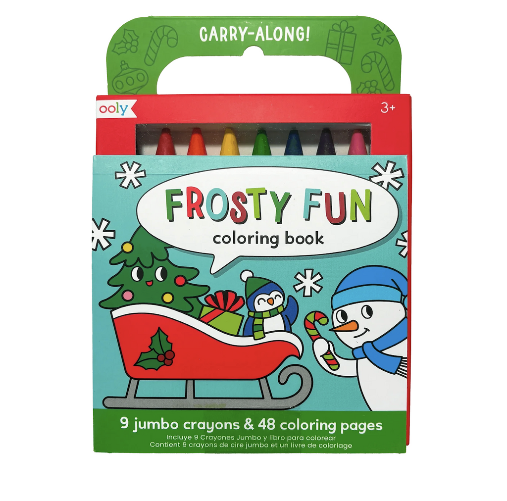 The cover of the Carry Along Frosty Fun Coloring Book with an illustration of a sled full of gifts and a penguin and Christmas tree along for the ride. At the top the included crayons are visible. 