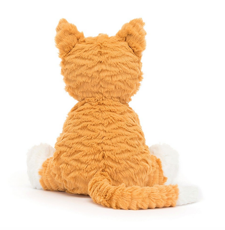 Back view of plush Fuddlewuddle Ginger Cat with white tipped tail and boots. 