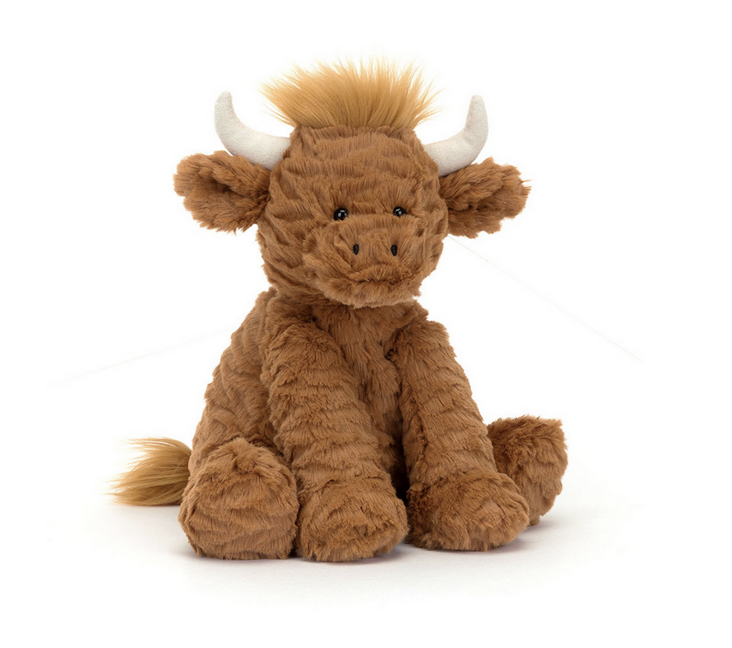 Fuddlewuddle Highland Cow stuffed animal with fluffy fur and white horns. 