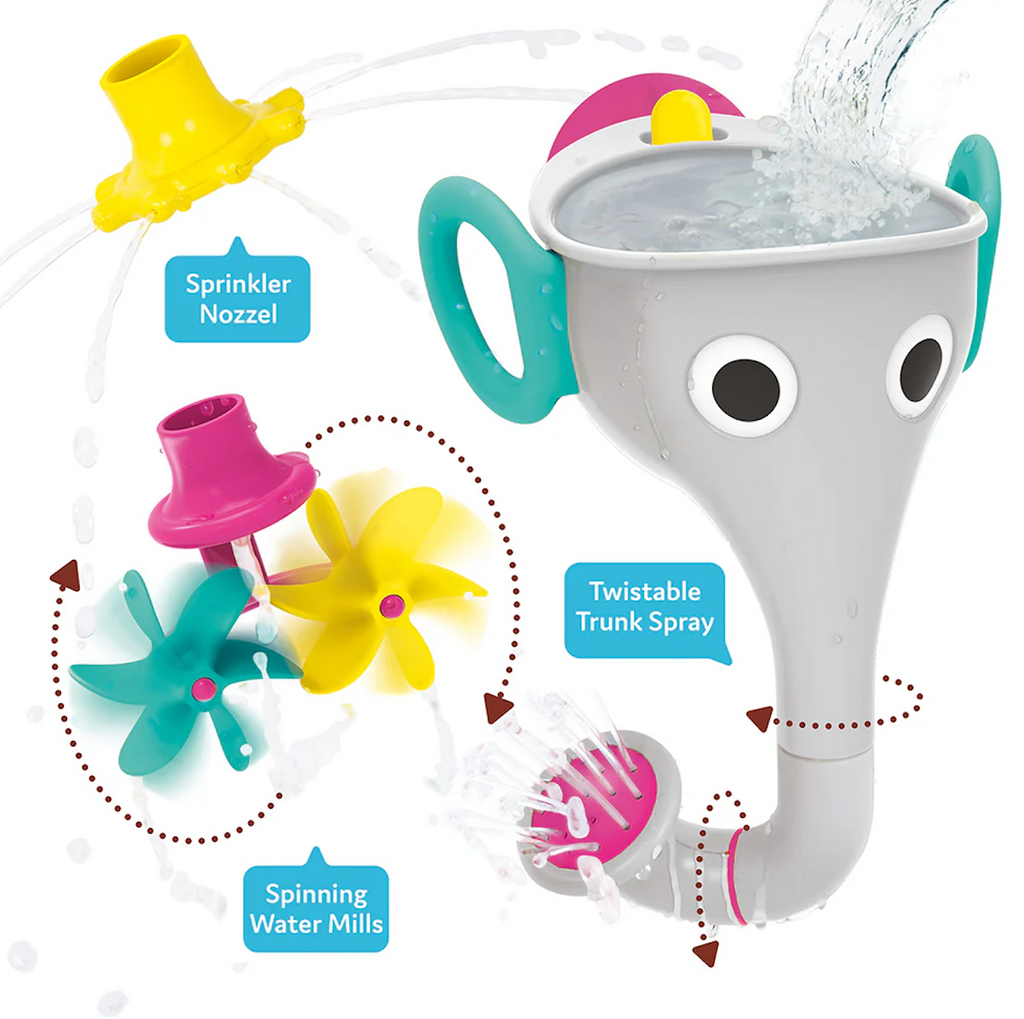 Eephant-shaped water sprayer with various nozzles and spinning water mills that turn bath time in a water park. 