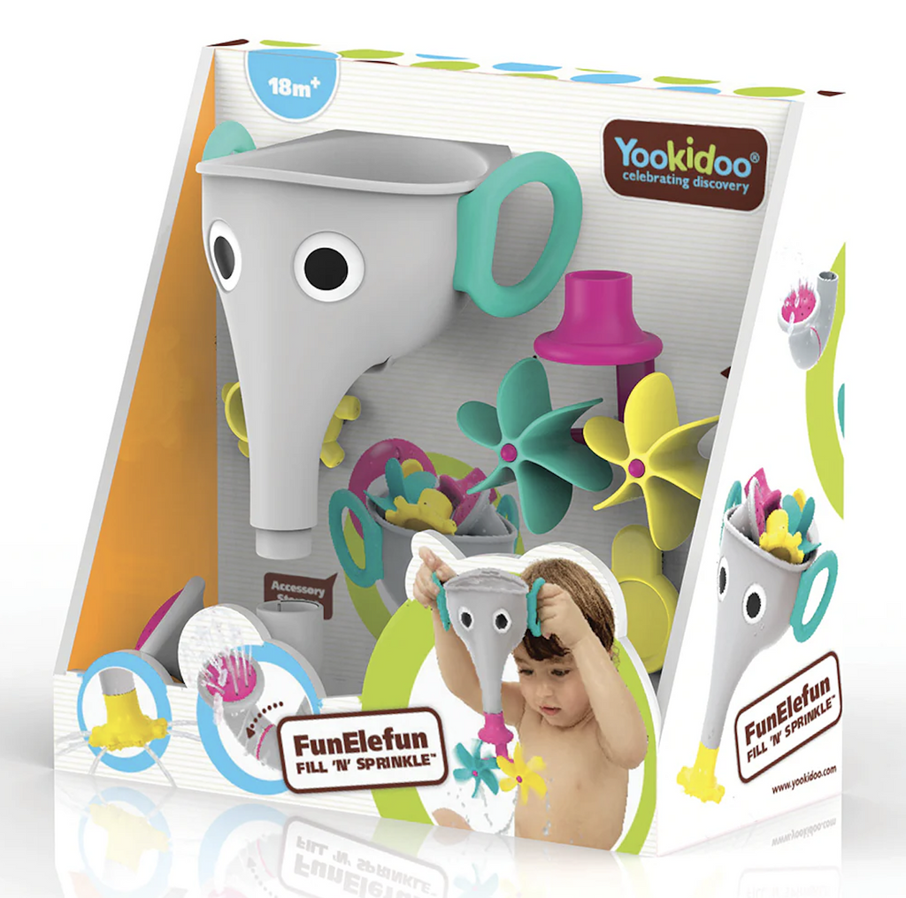 The Fun Elefun Fill N Sprinkle grey elephant funnel and water toys packaged in an open box. 