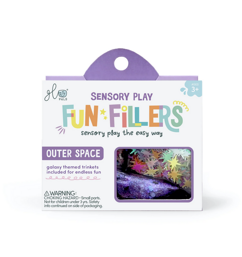 Outer space themed trinkets packed in a white box with colorful lettering that can be used with Sensory Play Jars. 