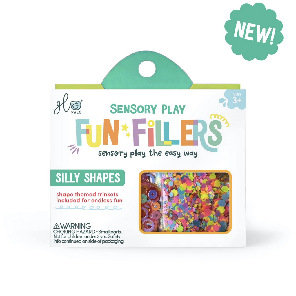 Funky shape themed trinkets packed in a white box with colorful lettering that can be used with Sensory Play Jars. 