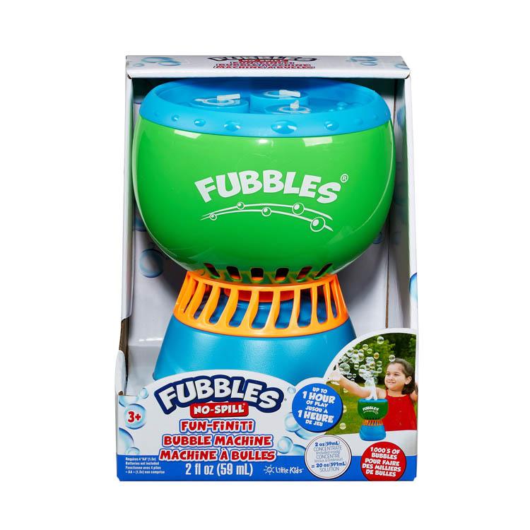 The Fubbles FunFiniti No Spill Bubble Machine packaged in an open box. The bubble machine has a blue base and green top where the bubbles come out of. 