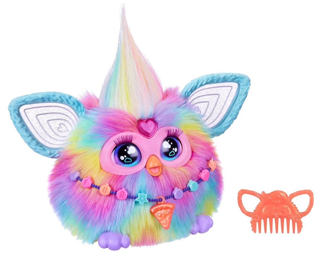 Tie Dye Furby plush wearing a bead necklace with a pizza charm with a furby shaped orange comb on a white background.