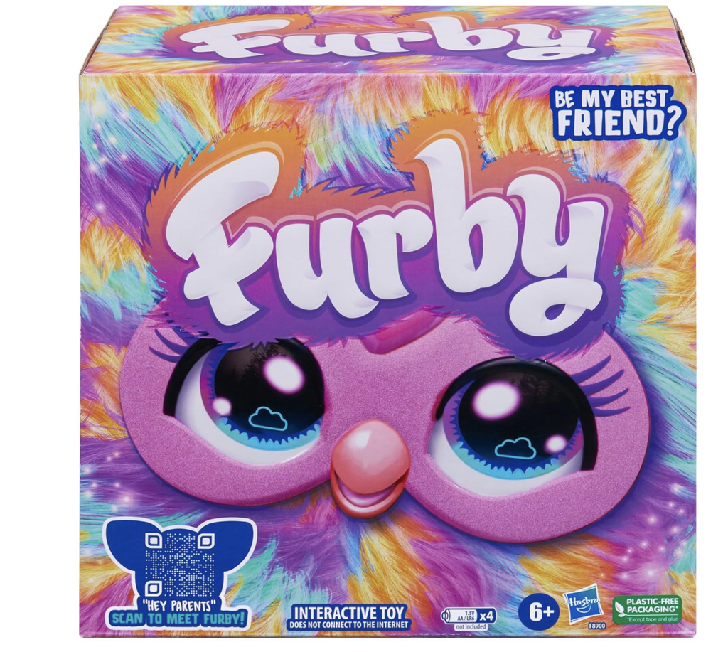 Tie Dye Furby packaging shows closeup of Tie Dye Furby face.