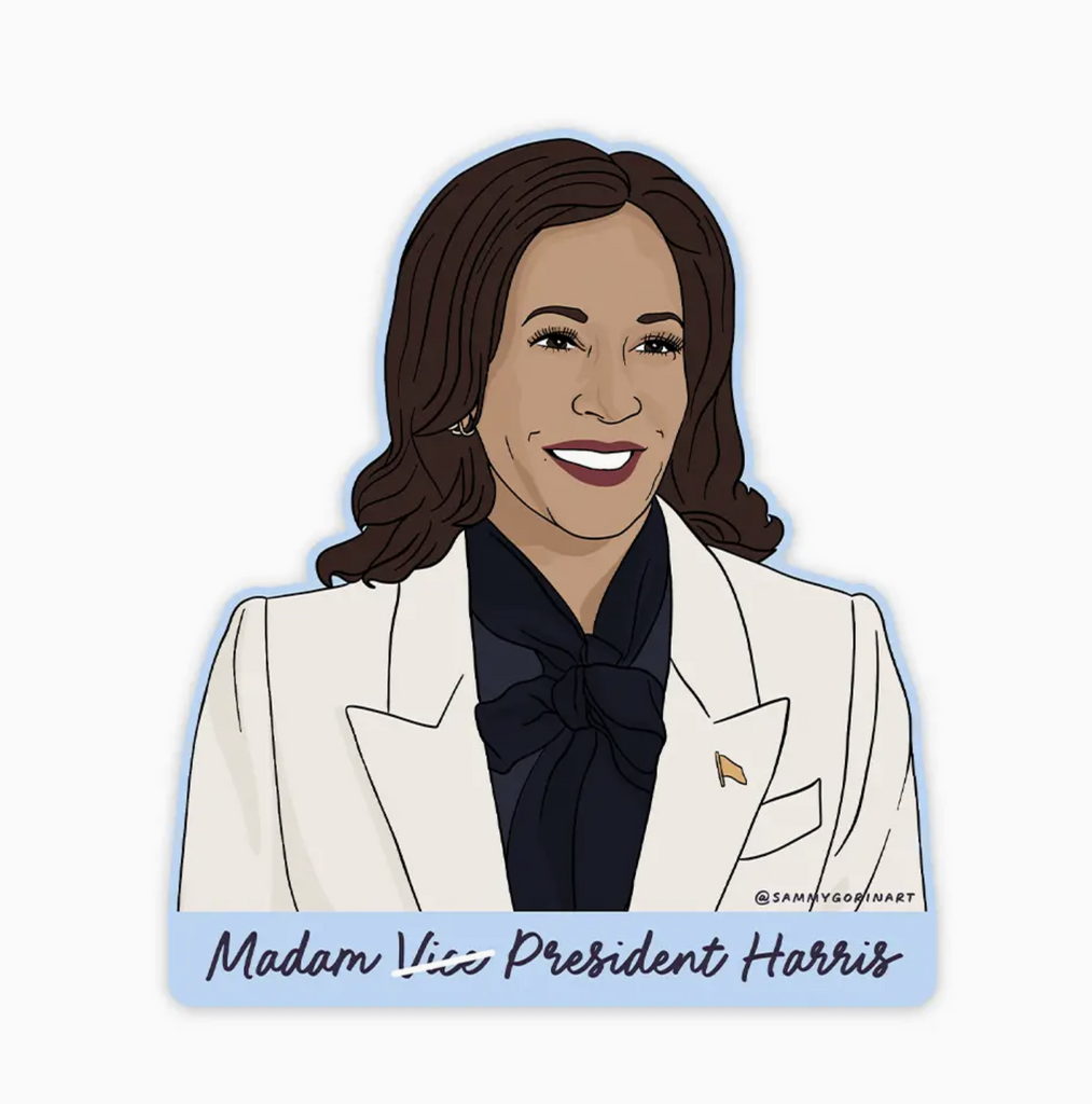 Illustration of Kamala Harris that reads Madam Vice President with the word vice struck through.. 