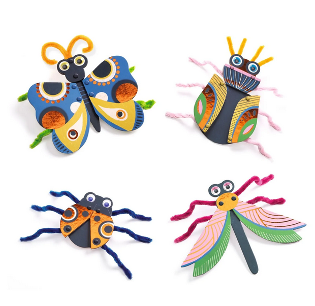 3D Fuzzy Bugs! Colorful illustrations guide first-time crafters along as they punch out the paper bug parts, assemble them with the pipe cleaners and fasteners, and then bring them to life with the vibrant googly eyes. 