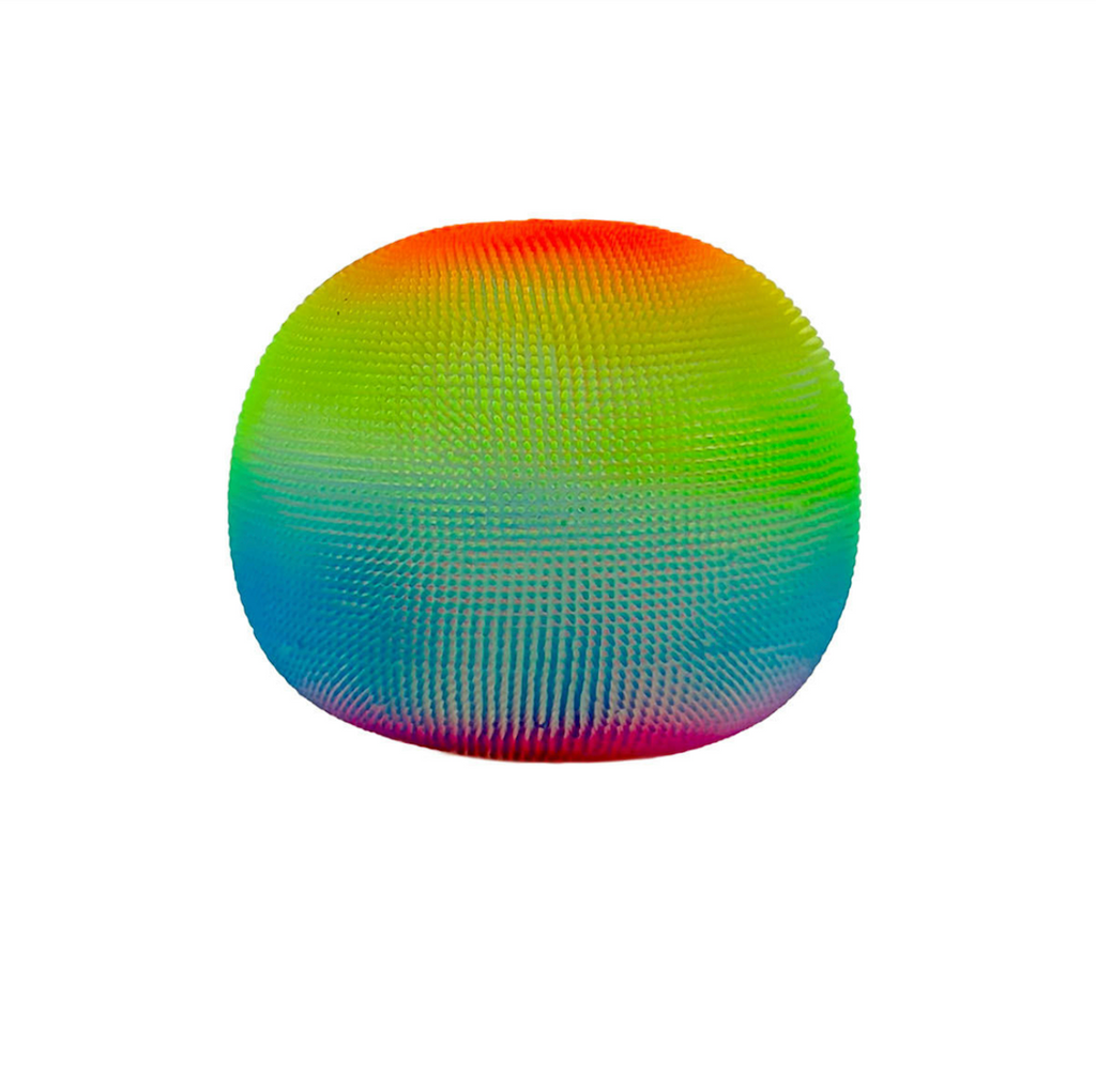A round rainbow colored soft, fuzzy stress ball with a textured exterior. 
