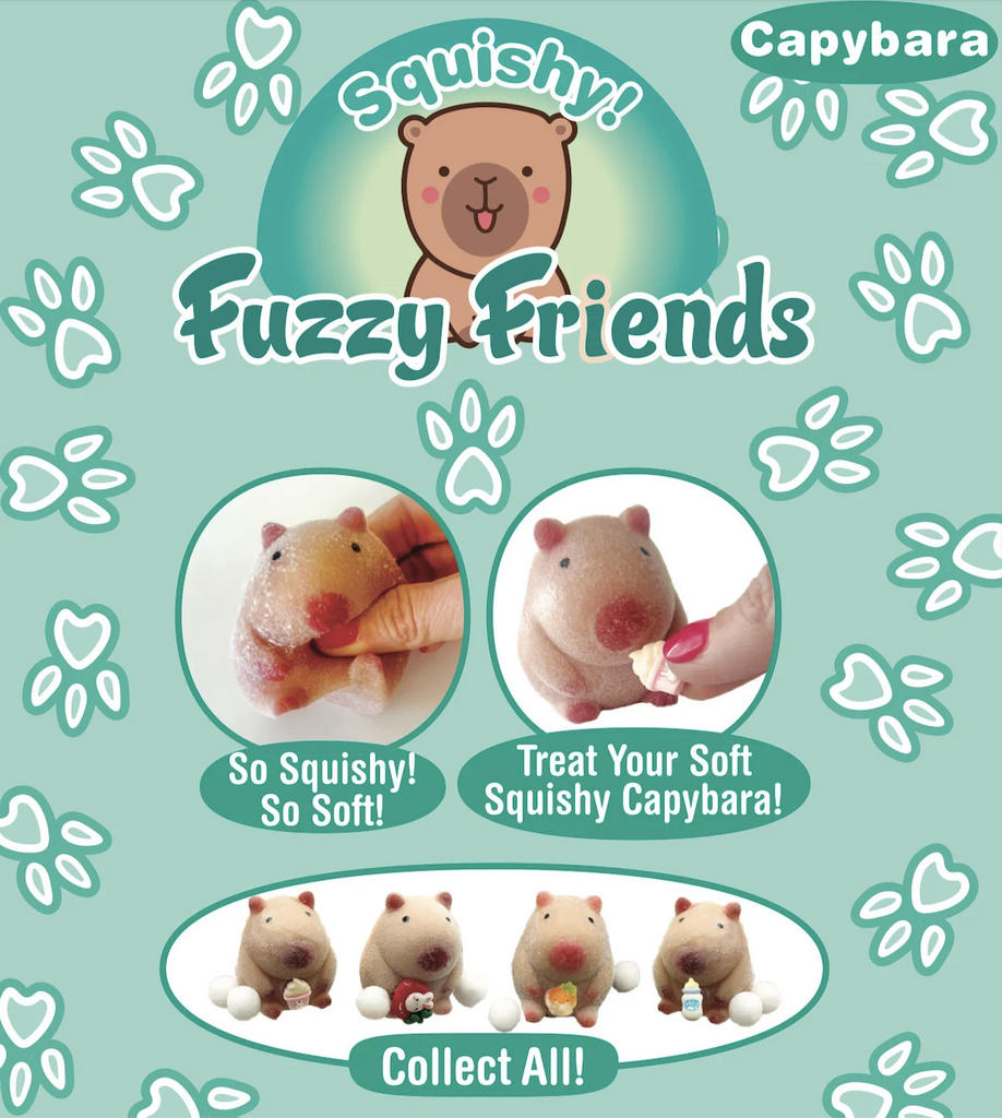 Assortment of Fuzzy Friends Capybaras pictured with the treats each one comes with and being squeezed. 