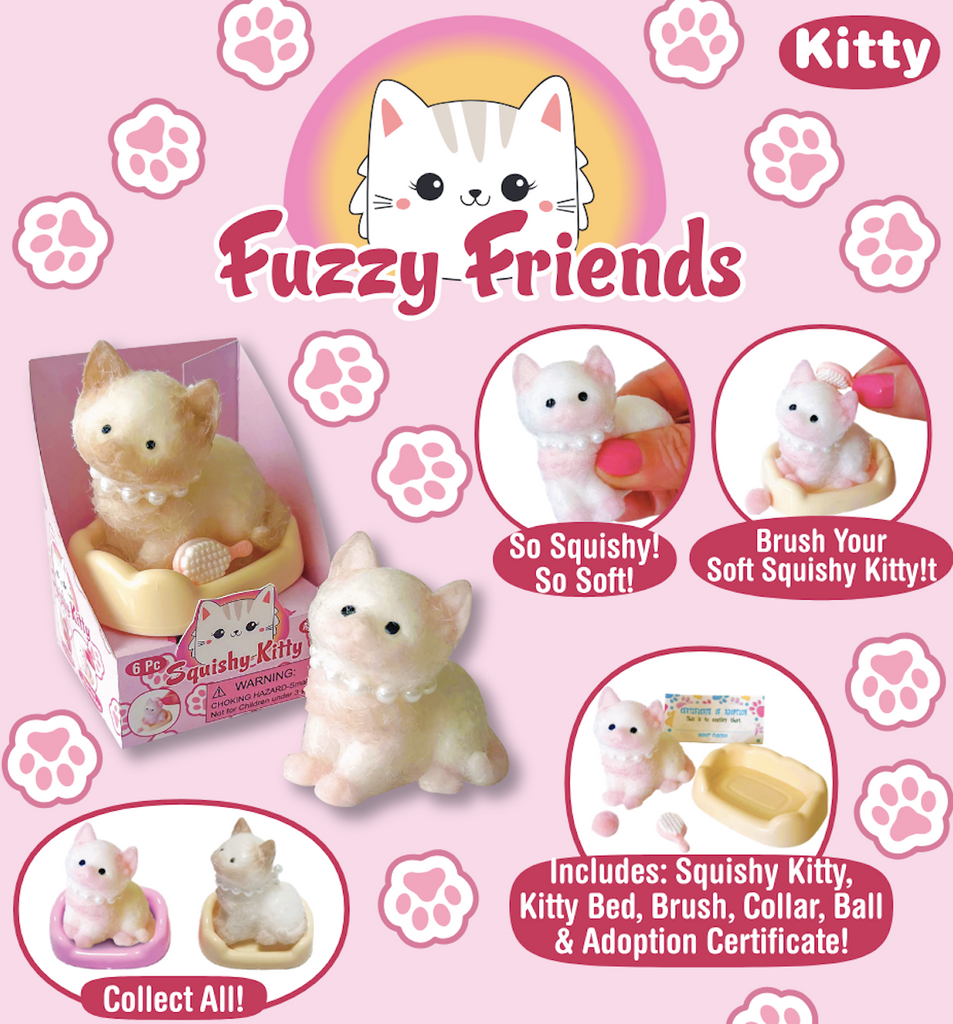 Fuzzy Friends Kitty toy pictured being squeezed and brushed, as well as sitting in their kitty beds. 