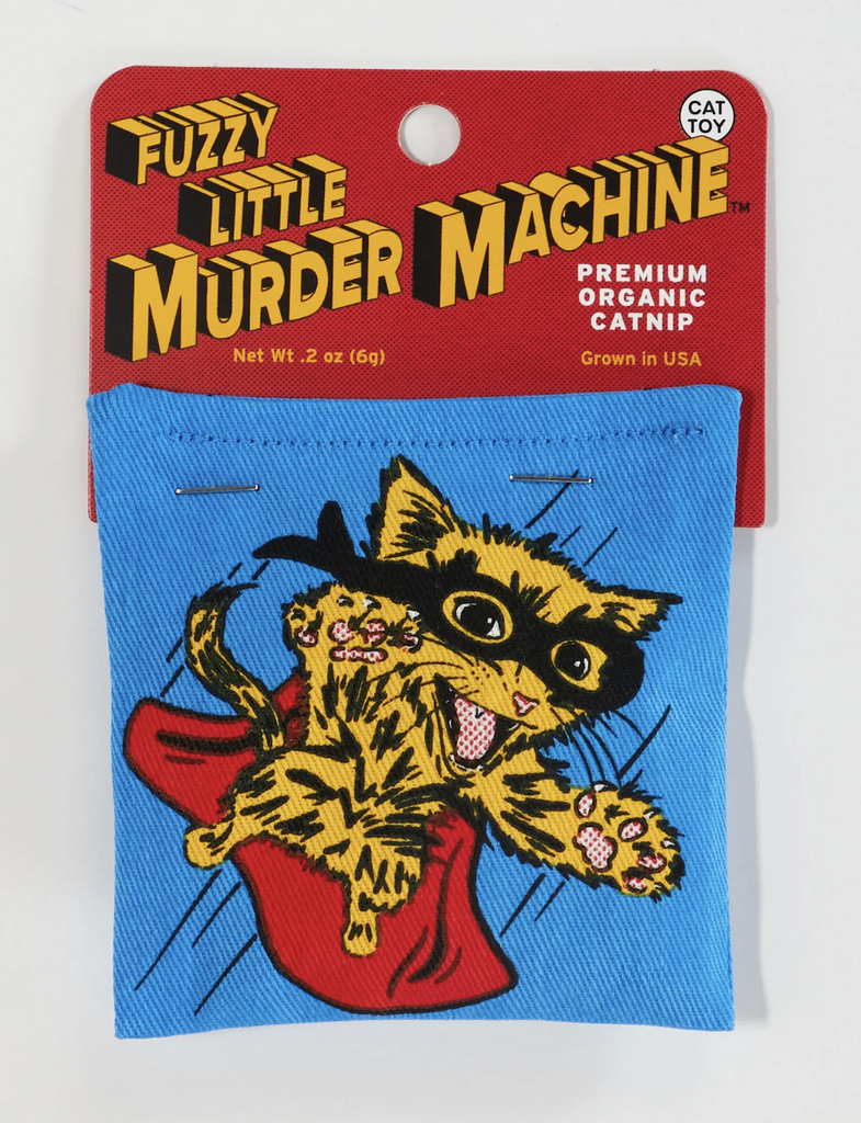 Blue catnip pouch with graphics of a cat flying through the air with a mask and red cape. Cardboard header reads "Fuzzy Little Murder Machine"